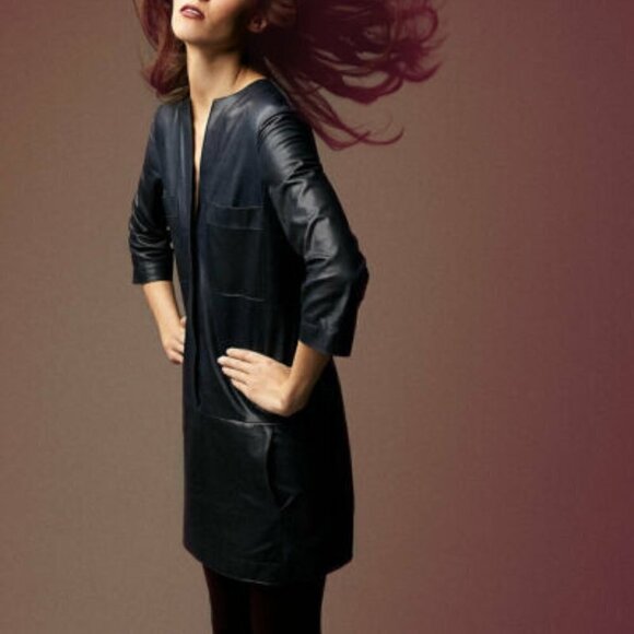 VINCE Lamb Leather Tunic Shift Dress - Picture 3 of 14